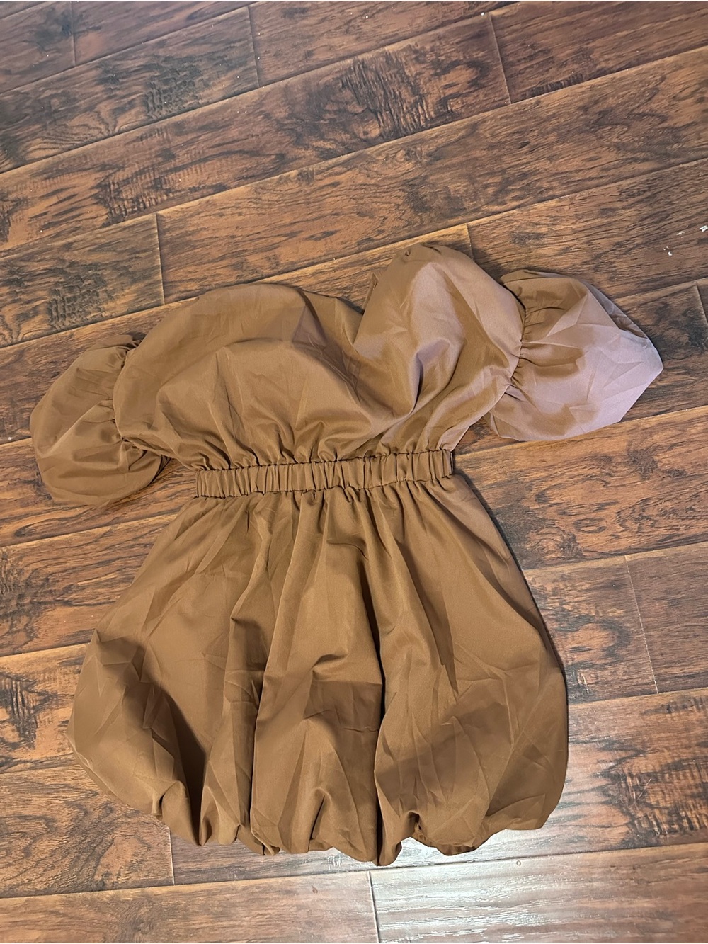Women’s Puff-Sleeve Chestnut Brown Dress with Elastic Waist